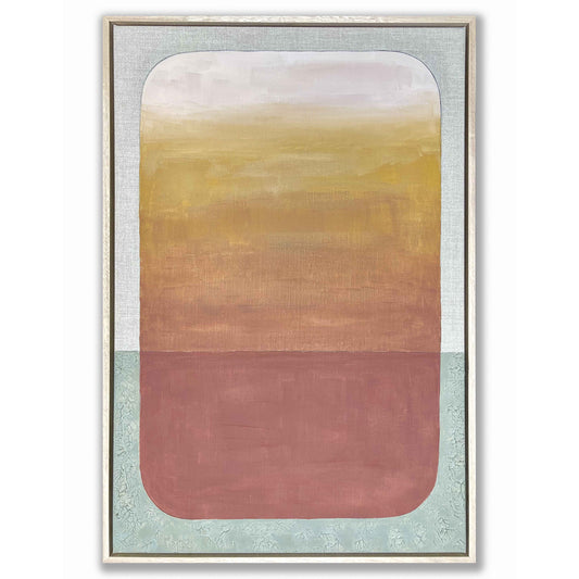 Abstract art print with a gradient of colors in a raw oak frame on a white background