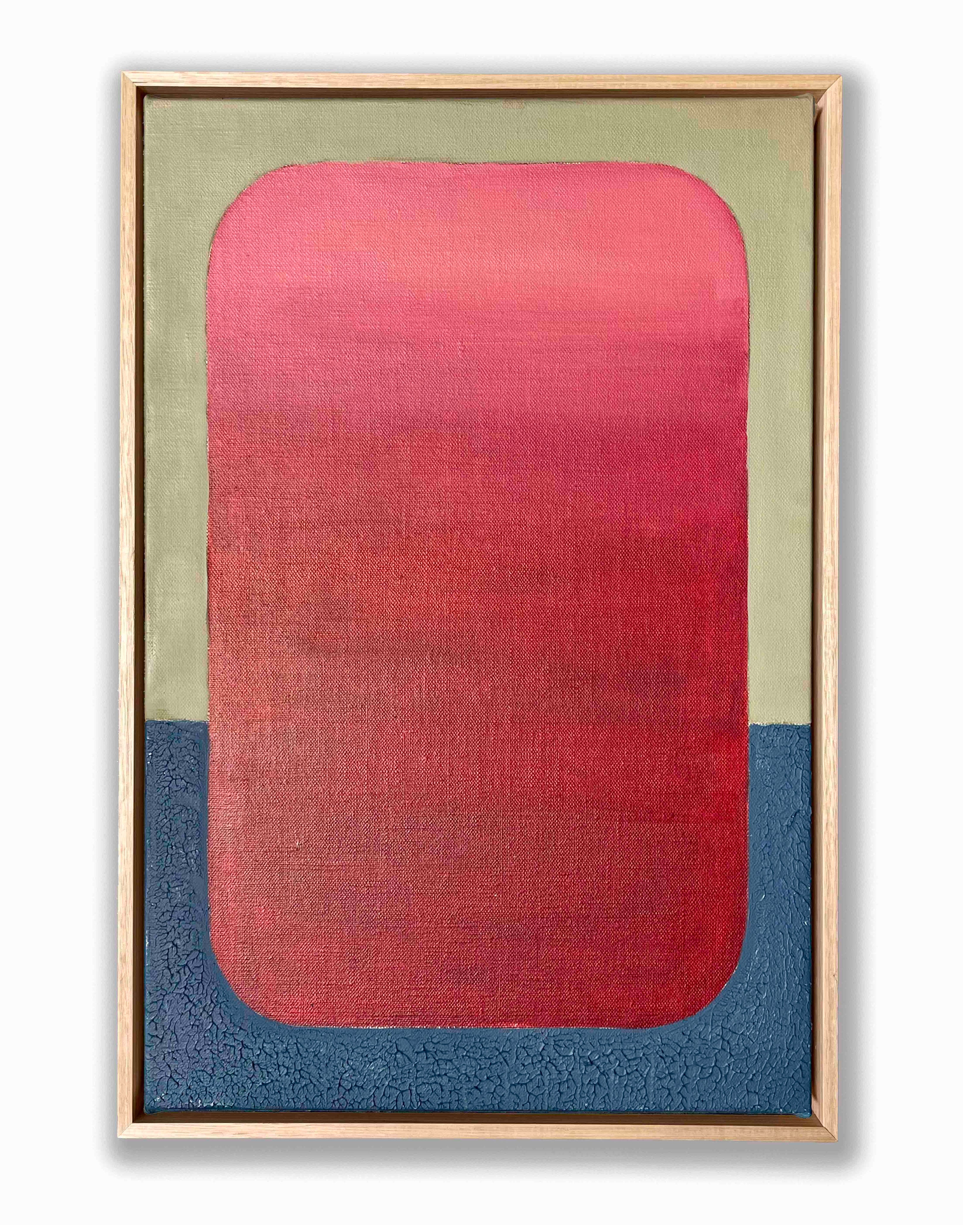 A framed Giclee fine art print featuring a geometric design with ombre shades transitioning from dark red to a lighter shade, presented in a neutral frame.