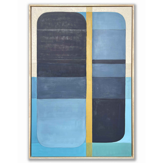 Abstract art piece with blue and black shapes on a white background